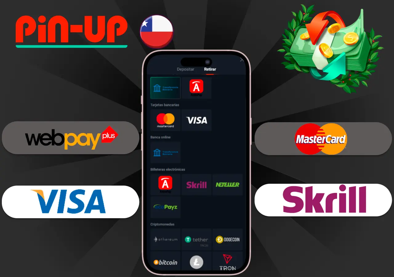 Métodos de pago y retiro disponibles en la aplicación Pin-Up en Chile, incluyendo WebPay, Visa, Mastercard y Skrill