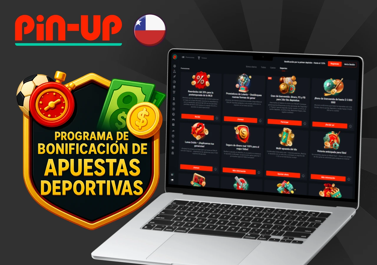 Pantalla de portátil con el programa de bonificación de apuestas deportivas de Pin-Up Chile con premios y promociones activas